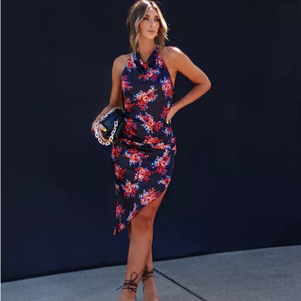 Pink and Red Asymmetrical Wrap Dress Halter Neck